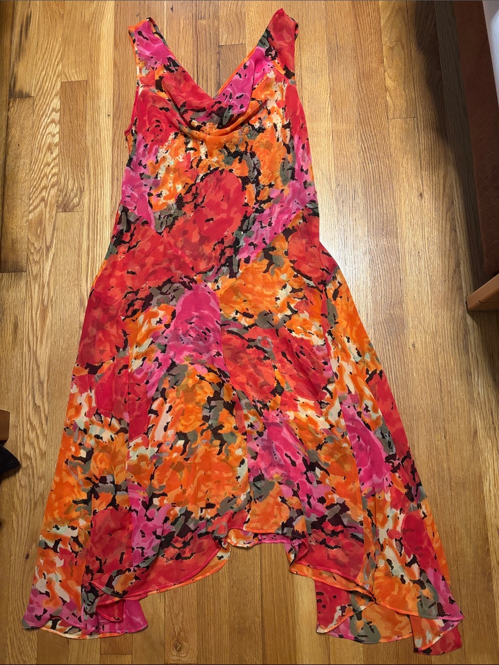 Chiffon Floral Pink & Orange Cowl Sheer Dress